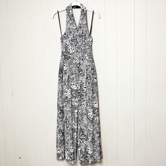 Anthropologie Giovanna Halter Jumpsuit Small black white neutral stretch floral - Picture 2 of 10